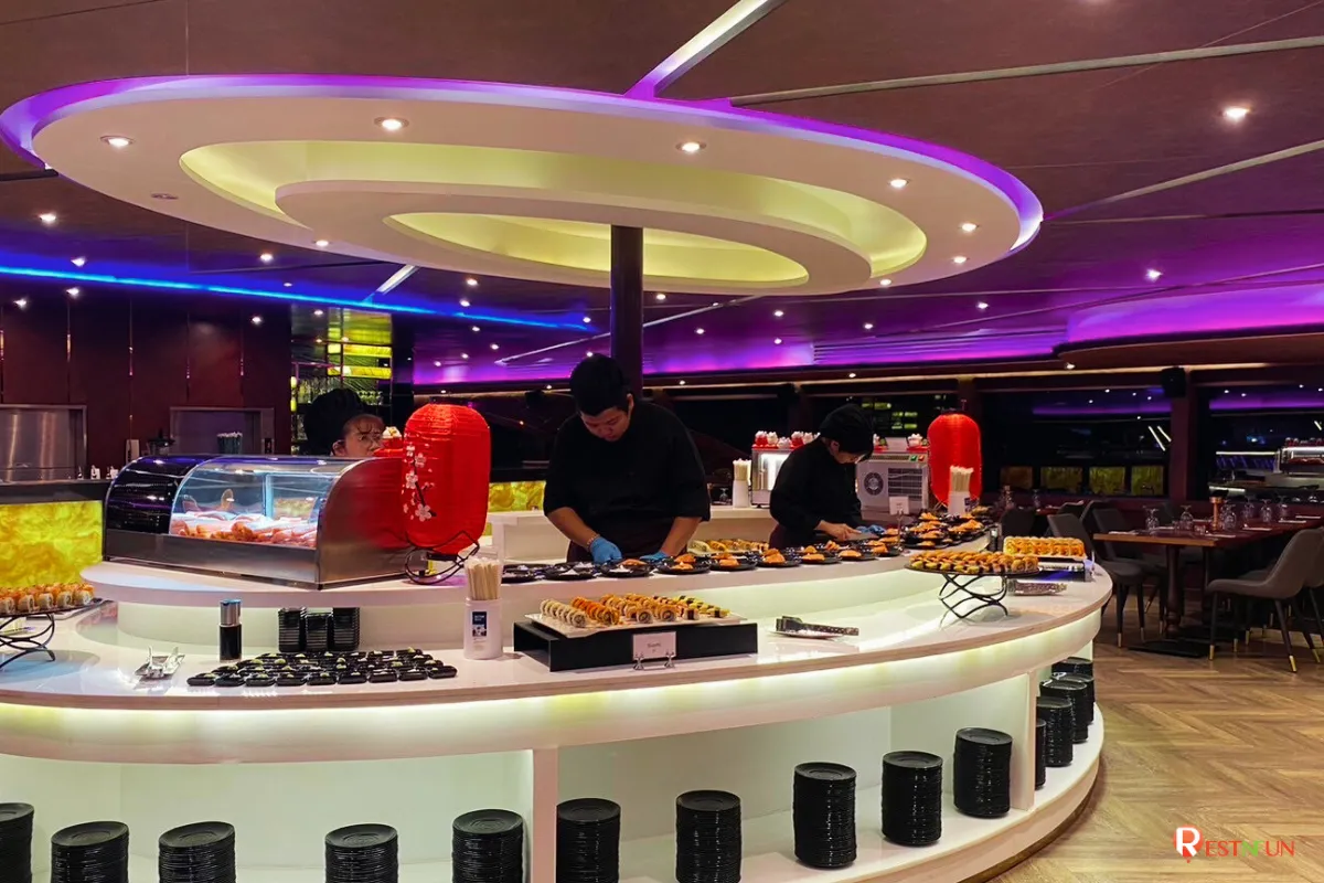 The interior atmosphere of Chao Phraya The Opulence Cruise in Bangkok